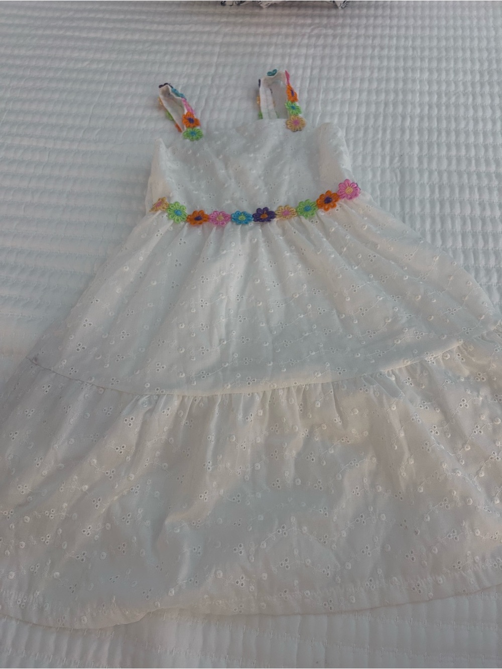White Eyelet Sundress with Neon Colored Flowers Trim for Kids. Size 8
